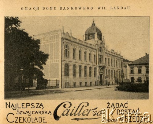 Przed 1914, Warszawa, Królestwo Polskie, Cesarstwo Rosyjskie.
Gmach domu bankowego Wilhelma Landaua. 
Album ze zdjęciami i reklamami 