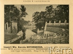 Przed 1914, Warszawa, Królestwo Polskie, Cesarstwo Rosyjskie.
Teatr na Wyspie, Łazienki Królewskie. W tle Pałac na Wodzie. 
Album ze zdjęciami i reklamami 