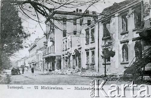 1917, Tarnopol, Austro-Węgry.
Wypalona przez cofające się wojska rosyjskie ul. Mickiewicza.
Fot. NN, zbiory Ośrodka KARTA, kolekcja Juliusza Solarskiego [AW III/156]