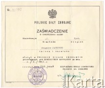 19.04.1948, brak miejsca.
Zaświadczenie o zakończeniu służby przez ppor Zbigniewa Jackowskiego. Na dokumencie złożył podpis szef Głównej Komisji Likwidacyjnej Polskich Sił Zbrojnych.
Fot. NN, zbiory Ośrodka KARTA, Pogotowie Archiwalne [PAF_042], przekazał Zbigniew Jackowski