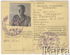 29.05.1943, brak miejsca.
Pozwolenie na prowadzenie wojskowych pojazdów mechanicznych (driving licence) wystawione dla kaprala Zbigniewa Jackowskiego z 5 Wileńskiego Pułku Artylerii Lekkiej.
Fot. NN, zbiory Ośrodka KARTA, Pogotowie Archiwalne [PAF_042], przekazał Zbigniew Jackowski