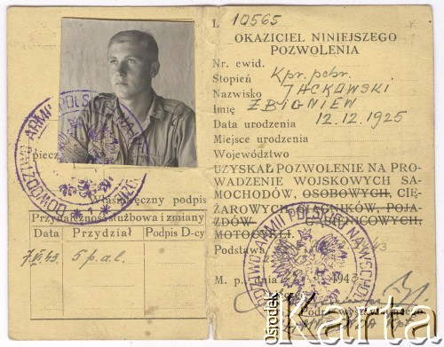 29.05.1943, brak miejsca.
Pozwolenie na prowadzenie wojskowych pojazdów mechanicznych (driving licence) wystawione dla kaprala Zbigniewa Jackowskiego z 5 Wileńskiego Pułku Artylerii Lekkiej.
Fot. NN, zbiory Ośrodka KARTA, Pogotowie Archiwalne [PAF_042], przekazał Zbigniew Jackowski