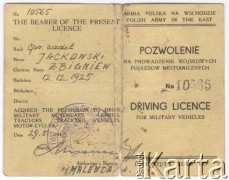 29.05.1943, brak miejsca.
Pozwolenie na prowadzanie wojskowych pojazdów mechanicznych (Driving licence) wystawione dla kaprala Zbigniewa Jackowskiego z 5 Wileńskiego Pułku Artylerii Lekkiej.
Fot. NN, zbiory Ośrodka KARTA, Pogotowie Archiwalne [PAF_042], przekazał Zbigniew Jackowski