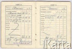 15.05.1945, brak miejsca.
Książeczka uposażenia Zbigniewa Jackowskiego zawierająca dane ewidencyjne, informacje o wypłaconym uposażeniu, obciążeniach i ich spłatach oraz o skarbowych wyposażeniach materiałowych.
Fot. NN, zbiory Ośrodka KARTA, Pogotowie Archiwalne [PAF_042], przekazał Zbigniew Jackowski