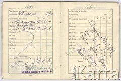 15.05.1945, brak miejsca.
Książeczka uposażenia Zbigniewa Jackowskiego zawierająca dane ewidencyjne, informacje o wypłaconym uposażeniu, obciążeniach i ich spłatach oraz o skarbowych wyposażeniach materiałowych.
Fot. NN, zbiory Ośrodka KARTA, Pogotowie Archiwalne [PAF_042], przekazał Zbigniew Jackowski