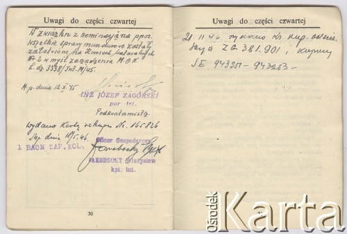 15.05.1945, brak miejsca.
Książeczka uposażenia Zbigniewa Jackowskiego zawierająca dane ewidencyjne, informacje o wypłaconym uposażeniu, obciążeniach i ich spłatach oraz o skarbowych wyposażeniach materiałowych.
Fot. NN, zbiory Ośrodka KARTA, Pogotowie Archiwalne [PAF_042], przekazał Zbigniew Jackowski