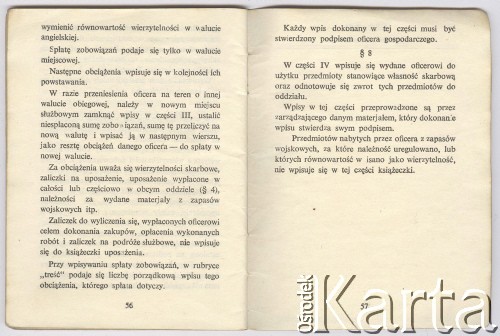 15.05.1945, brak miejsca.
Książeczka uposażenia Zbigniewa Jackowskiego zawierająca dane ewidencyjne, informacje o wypłaconym uposażeniu, obciążeniach i ich spłatach oraz o skarbowych wyposażeniach materiałowych.
Fot. NN, zbiory Ośrodka KARTA, Pogotowie Archiwalne [PAF_042], przekazał Zbigniew Jackowski