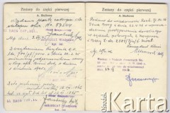 15.05.1945, brak miejsca.
Książeczka uposażenia Zbigniewa Jackowskiego zawierająca dane ewidencyjne, informacje o wypłaconym uposażeniu, obciążeniach i ich spłatach oraz o skarbowych wyposażeniach materiałowych.
Fot. NN, zbiory Ośrodka KARTA, Pogotowie Archiwalne [PAF_042], przekazał Zbigniew Jackowski