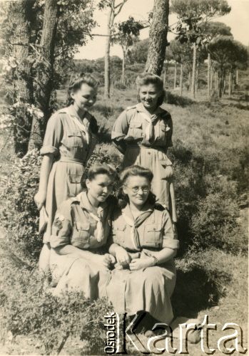 Ok. 1946, Iran.
Grupa polskich harcerek. Siedzą od lewej: Irena Juchniewicz, Zofia Wojtczuk, stoją: Janina Jasionowicz i Antonina Hilewicz.
Fot. NN, udostępniła Irena Godyń, zbiory Ośrodka KARTA