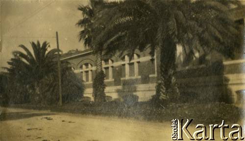 Lata 20., Włochy.
Budynek mieszkalny. Na pierwszym planie widoczne rozłożyste palmy.
Fot. NN, kolekcja Larysy Zajączkowskiej-Mitznerowej, zbiory Ośrodka KARTA
