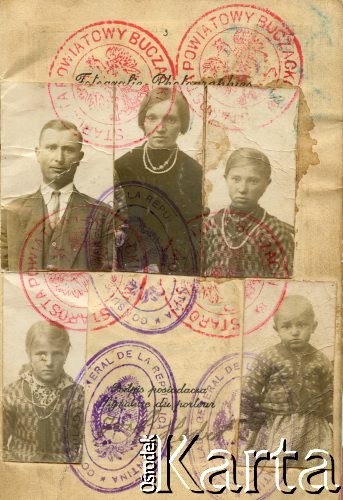 6.05.1935, Buczacz, Polska.
Paszport małżeństwa Józefa i Anastazji Herbutów oraz ich dzieci Katarzyny, Anieli i Władysława. Rodzina do 1935 r. mieszkała w Baryszu. Dokument został wystawiony przed ich wyjazdem do prowincji Chaco w Argentynie.
Fot. NN, zbiory Władysława Herbuta, reprodukcje cyfrowe w Bibliotece Polskiej im. Ignacego Domeyki w Buenos Aires (Biblioteca Polaca Ignacio Domeyko) i w Ośrodku KARTA w Warszawie.