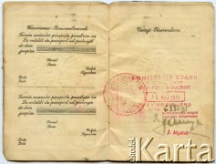6.05.1935, Buczacz, Polska.
Paszport małżeństwa Józefa i Anastazji Herbutów oraz ich dzieci Katarzyny, Anieli i Władysława. Rodzina do 1935 r. mieszkała w Baryszu. Dokument został wystawiony przed ich wyjazdem do prowincji Chaco w Argentynie.
Fot. NN, zbiory Władysława Herbuta, reprodukcje cyfrowe w Bibliotece Polskiej im. Ignacego Domeyki w Buenos Aires (Biblioteca Polaca Ignacio Domeyko) i w Ośrodku KARTA w Warszawie.