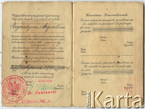 Paszport Edwarda Kuryłowicza (ur. 1921 r., w 1938 r. wyemigrował z rodziną do Argentyny). 
Fot. NN, zbiory Leokadii Kuryłowicz, reprodukcje cyfrowe w Bibliotece Polskiej im. Ignacego Domeyki w Buenos Aires (Biblioteca Polaca Ignacio Domeyko) i w Ośrodku KARTA w Warszawie.