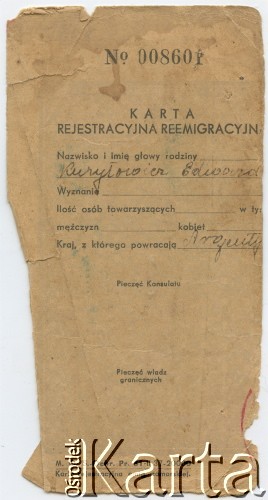 Karta rejestracyjna reemigracyjna dołączona do paszportu Edwarda Kuryłowicza (ur. 1921 r., w 1938 r. wyemigrował z rodziną do Argentyny).
Fot. NN, zbiory Leokadii Kuryłowicz, reprodukcje cyfrowe w Bibliotece Polskiej im. Ignacego Domeyki w Buenos Aires (Biblioteca Polaca Ignacio Domeyko) i w Ośrodku KARTA w Warszawie.