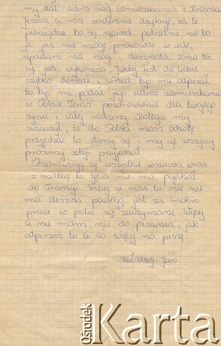 9.06.1974, Podlesie. List Jana Kołodzieja do brata Juljana, który wyemigrował do Argentyny. Strona 2.
Fot. NN, udostępnił Alfredo Kołodziej, reprodukcje cyfrowe w Bibliotece Polskiej im. Ignacego Domeyki w Buenos Aires (Biblioteca Polaca Ignacio Domeyko) i w Ośrodku KARTA w Warszawie.