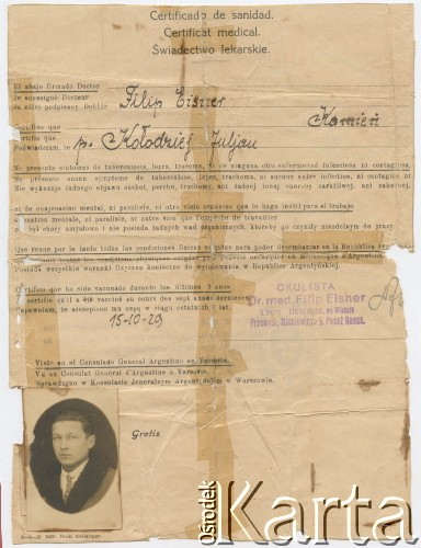 15.10.1929. Świadectwo lekarskie wydane dla Juljana Kołodzieja. Strona 1.
Fot. NN, udostępnił Alfredo Kołodziej, reprodukcje cyfrowe w Bibliotece Polskiej im. Ignacego Domeyki w Buenos Aires (Biblioteca Polaca Ignacio Domeyko) i w Ośrodku KARTA w Warszawie.