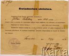 22.02.1929. Świadectwo ubóstwa Juljana Kołodzieja. Zwalniało go z wnoszenia opłat stemplowych na dokumentach potrzebnych do uzyskania bezpłatnego paszportu. Strona 1.
Fot. NN, udostępnił Alfredo Kołodziej, reprodukcje cyfrowe w Bibliotece Polskiej im. Ignacego Domeyki w Buenos Aires (Biblioteca Polaca Ignacio Domeyko) i w Ośrodku KARTA w Warszawie.