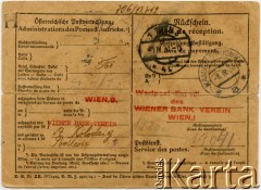 Karta przekazu pieniężnego, który nadał Juljan Kołodziej swojej rodzinie w Polsce. Strona 1.
Fot. NN, udostępnił Alfredo Kołodziej, reprodukcje cyfrowe w Bibliotece Polskiej im. Ignacego Domeyki w Buenos Aires (Biblioteca Polaca Ignacio Domeyko) i w Ośrodku KARTA w Warszawie.