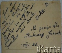 Sierpień 1926, brak miejsca.
Rewers odbitki fotograficznej o sygnaturze AHM_PnW_0419_0002_0022a:
Portret kobiety o imieniu Zofia, koleżanki Janiny Szumiłło.
Fot. NN, zbiory Archiwum Historii Mówionej Ośrodka KARTA i Domu Spotkań z Historią, udostępniła Janina Szumiłło w ramach projektu 