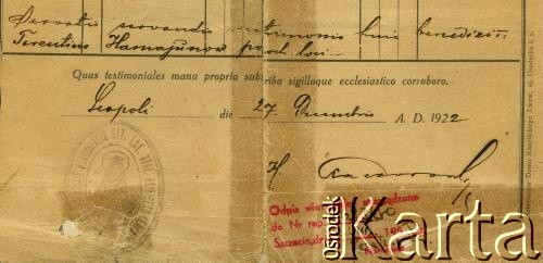 1922, Lwów, Polska.
Świadectwo ślubu Marii Bryły (z d. Mołodowej) i Włodzimierza Bryły - rodziców Bogusławy Bryły-Czerny.
Zbiory Archiwum Historii Mówionej Ośrodka KARTA i Domu Spotkań z Historią, udostępniła Bogusława Bryła-Czerna w ramach projektu 