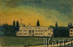 Przed 1917, brak miejsca.
Karta pocztowa przedstawiająca pałac należący do rodziny Żuromskich, właścicieli cukrowni w Makowie, spalony lub zburzony w latach rewolucji.
Rys. Stefan Wiśniewski, zbiory Archiwum Historii Mówionej Ośrodka KARTA i Domu Spotkań z Historią, udostępniła Halina Wiśniewska w ramach projektu 