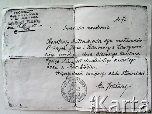 18.12.1941, Borodzienicze, ZSRR.
Świadectwo urodzenia Konstantego Bałtrukiewicza.
Zbiory Archiwum Historii Mówionej Ośrodka KARTA i Domu Spotkań z Historią, udostępnił Konstanty Bałtrukiewicz w ramach projektu 