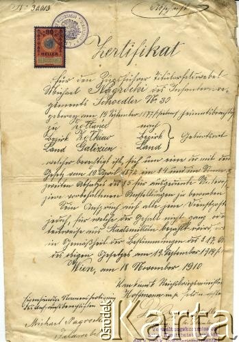 10.12.1910, Lwów, Polska.
Certyfikat. Feldfebel (sierżant) Michał Nagrodzki.
Zbiory Archiwum Historii Mówionej Ośrodka KARTA i Domu Spotkań z Historią, udostępnił Włodzimierz Cependa w ramach projektu 