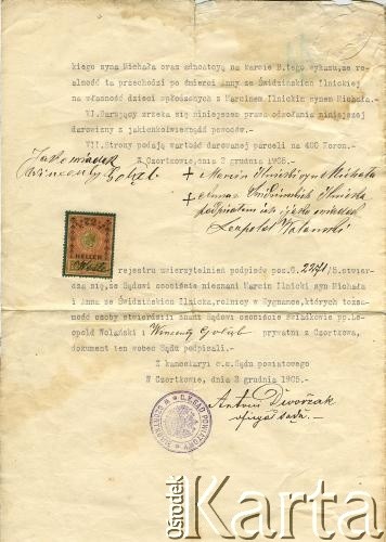 2.12.1905, Czortków, zabór austriacki.
Kontrakt darowizny nieruchomości - gruntów rolnych (strona 2 z 2).
Zbiory Archiwum Historii Mówionej Ośrodka KARTA i Domu Spotkań z Historią, udostępnił Włodzimierz Cependa w ramach projektu 
