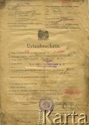 Wrzesień 1918, Lwów, zabór austriacki.
Dokument potwierdzający przyznanie urlopu. Strona 1/4.
Zbiory Archiwum Historii Mówionej Ośrodka KARTA i Domu Spotkań z Historią, udostępnił Włodzimierz Cependa w ramach projektu 