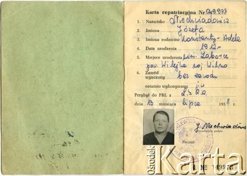 15.07.1958, Biała Podlaska, Polska.
Karta Repatriacyjna Józefy Niechwiadowicz (ur. 1912 r. we wsi Zaborce) - córka Konstantego i Adeli Niechwiadowicz, matka Teresy Muchiny. Strona 2/8.
Fot. NN, zbiory Archiwum Historii Mówionej Ośrodka KARTA i Domu Spotkań z Historią, udostępniła Teresa Muchina w ramach projektu 