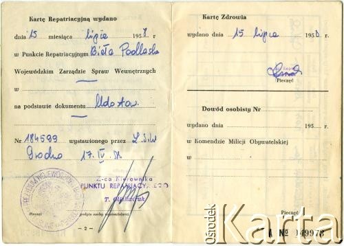 15.07.1958, Biała Podlaska, Polska.
Karta Repatriacyjna Józefy Niechwiadowicz (ur. 1912 r. we wsi Zaborce) - córka Konstantego i Adeli Niechwiadowicz, matka Teresy Muchiny. Strona 3/8.
Fot. NN, zbiory Archiwum Historii Mówionej Ośrodka KARTA i Domu Spotkań z Historią, udostępniła Teresa Muchina w ramach projektu 