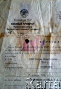 14.05.1990, Lelczyce, Białoruś.
Postanowienie prokuratury ZSSR dotyczące pośmiertnej rehabilitacji Piotra Michajłowicza Klisa - urodzonego w 1908 r. Aresztowany - 27 stycznia 1938 r. 
Fot. NN, zbiory Archiwum Historii Mówionej Ośrodka KARTA i Domu Spotkań z Historią, udostępniła Frania Kulik w ramach projektu 