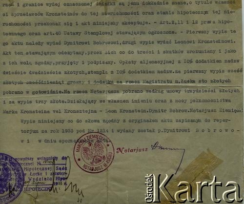 29.07.1933, Łuck, woj. wołyńksie, Polska.
Pierwszy wypis aktu notarialnego dotyczącego zakupu przez Dymitra Bobrowa (teścia Jadwigi Bobrowej) działki w Łucku (strona 6 z 7). 
Zbiory Archiwum Historii Mówionej Ośrodka KARTA i Domu Spotkań z Historią, udostępniła Jadwiga Bobrowa w ramach projektu 