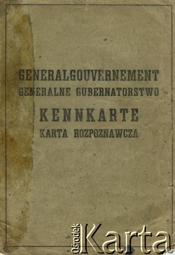 23.01.1942, Nowy Sącz, Generalne Gubernatorstwo.
Okładka tzw. „Kenkarty”-  dokumentu tożsamości należącego do Zofii Hurko (z d. Oślizło).
Zbiory Archiwum Historii Mówionej Ośrodka KARTA i Domu Spotkań z Historią, udostępniła Zofia Hurko w ramach projektu „KARTA z Polakami na Wschodzie” (sygnatura nagrania – AHM_PnW_1864).
