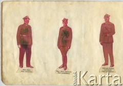 Brak daty, brak miejsca.
Mundury Wosjka Polskiego. Od lewej: major lekarz w ubiorze wieczorowym, major lekarz weterynarii w ubiorze pozasłużbowym oraz pułkownik korpusu kontrolerów w ubiorze pozasłużbowym.
Fot. NN, zbiory Archiwum Historii Mówionej Ośrodka KARTA i Domu Spotkań z Historią, udostępnił Stanisław Kawałek w ramach projektu 