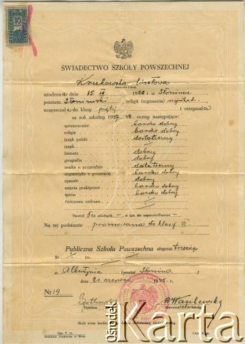 21.06.1938, Albertyna (Słonim), woj. nowogródzkie, Polska.
Świadectwo szkolne Wacławy Krukowskiej.
Zbiory Archiwum Historii Mówionej Ośrodka KARTA i Domu Spotkań z Historią, udostępniła Wacława Jefrenienko w ramach projektu 