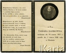 Lata 20., Słonim, woj. nowogródzkie, Polska.
Nekrolog Tamary Danik.
Fot. NN, zbiory Archiwum Historii Mówionej Ośrodka KARTA i Domu Spotkań z Historią udostępniła Helena Pietrakowa w ramach projektu 