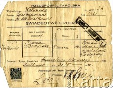 21.05.1938, Zdołbunów, woj. wołyńskie, Polska.
Świadectwo urodzenia Ireny Horoszko.
Zbiory Archiwum Historii Mówionej Ośrodka KARTA i Domu Spotkań z Historią, udostępniła Irena Horoszko w ramach projektu 
