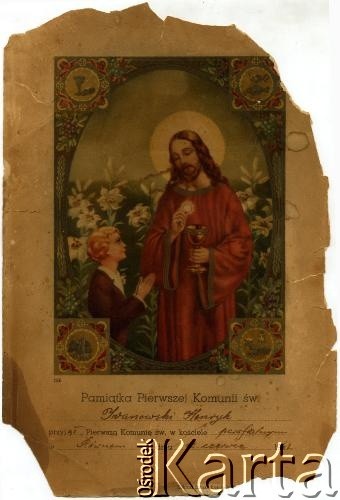 12.06.1943, Równe, Ukraińska SRR, ZSRR.
Pamiątka Pierwszej Komunii Świętej Henryka Iwanowskiego.
Zbiory Archiwum Historii Mówionej Ośrodka KARTA i Domu Spotkań z Historią, udostępniła Dana Iwanowska w ramach projektu 