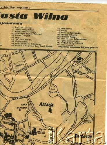 12.05.1936, Wilno, Polska.
Plan miasta, cz. 1/3.
Fot. NN, zbiory Archiwum Historii Mówionej Ośrodka KARTA i Domu Spotkań z Historią, udostępniła Ludwika Januszkiewicz w ramach projektu 