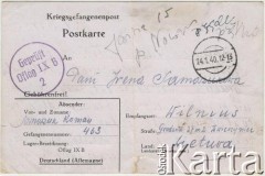 22.01.1940, Kriegsgefangenenlager (obóz jeniecki), Oflag IXB, III Rzesza.
Kartka pocztowa Romana Samoszuka do żony, Ireny Samoszuk z d. Brzezina, strona 1/2.
Fot. NN, zbiory Archiwum Historii Mówionej Ośrodka KARTA i Domu Spotkań z Historią, udostępniła Maria Magalińska w ramach projektu 