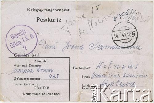 22.01.1940, Kriegsgefangenenlager (obóz jeniecki), Oflag IXB, III Rzesza.
Kartka pocztowa Romana Samoszuka do żony, Ireny Samoszuk z d. Brzezina, strona 1/2.
Fot. NN, zbiory Archiwum Historii Mówionej Ośrodka KARTA i Domu Spotkań z Historią, udostępniła Maria Magalińska w ramach projektu 