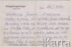 22.01.1940, Kriegsgefangenenlager (obóz jeniecki), Oflag IXB, III Rzesza.
Kartka pocztowa Romana Samoszuka do żony, Ireny Samoszuk z d. Brzezina, strona 2/2.
Fot. NN, zbiory Archiwum Historii Mówionej Ośrodka KARTA i Domu Spotkań z Historią, udostępniła Maria Magalińska w ramach projektu 