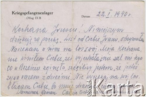 22.01.1940, Kriegsgefangenenlager (obóz jeniecki), Oflag IXB, III Rzesza.
Kartka pocztowa Romana Samoszuka do żony, Ireny Samoszuk z d. Brzezina, strona 2/2.
Fot. NN, zbiory Archiwum Historii Mówionej Ośrodka KARTA i Domu Spotkań z Historią, udostępniła Maria Magalińska w ramach projektu 