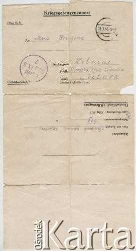 18.03.1940, Kriegsgefangenenlager (obóz jeniecki), Oflag IXB, III Rzesza.
Kartka pocztowa Romana Samoszuka do matki, Marii Brzezina, strona 1/2.
Fot. NN, zbiory Archiwum Historii Mówionej Ośrodka KARTA i Domu Spotkań z Historią, udostępniła Maria Magalińska w ramach projektu 