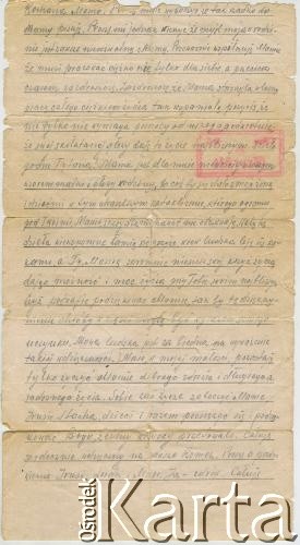 27.04.1944, Oflag II C, Woldenberg (obecnie Dobiegniew), III Rzesza.
Kartka pocztowa Romana Samoszuka do matki, Marii Brzezina, strona 1/2.
Fot. NN, zbiory Archiwum Historii Mówionej Ośrodka KARTA i Domu Spotkań z Historią, udostępniła Maria Magalińska w ramach projektu 