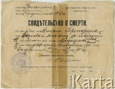 1911, gubernia piotrkowska, Królestwo Polskie.
Świadectwo śmierci.
Fot. NN, zbiory Archiwum Historii Mówionej Ośrodka KARTA i Domu Spotkań z Historią, udostępniła Maria Magalińska w ramach projektu 
