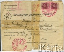 19.09.1934, Łódź, Rzeczpospolita Polska.
Świadectwo urodzenia i chrztu Mariana Brzeziny, syna Wacław i Marii z Białeckich, urodzonego 20 sierpnia 1908 roku.
Fot. NN, zbiory Archiwum Historii Mówionej Ośrodka KARTA i Domu Spotkań z Historią, udostępniła Maria Magalińska w ramach projektu 