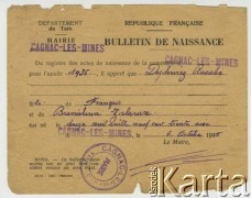 16.10.1945, Cagnac les Mines, Francja.
Odpis aktu urodzenia Rozalii Dylewicz (po mężu Andraikeniene).
Zbiory Archiwum Historii Mówionej Ośrodka KARTA i Domu Spotkań z Historią, udostępniła Rozalia Andraikeniene w ramach projektu 