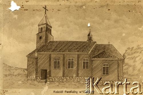 Ok. 1930, Gajdy, pow. brasławski, woj. wileńskie, Polska.
Kościół parafialny (pocztówka).
Fot. NN, zbiory Archiwum Historii Mówionej Ośrodka KARTA i Domu Spotkań z Historią udostępniła Jadwiga Linkiel w ramach projektu 
